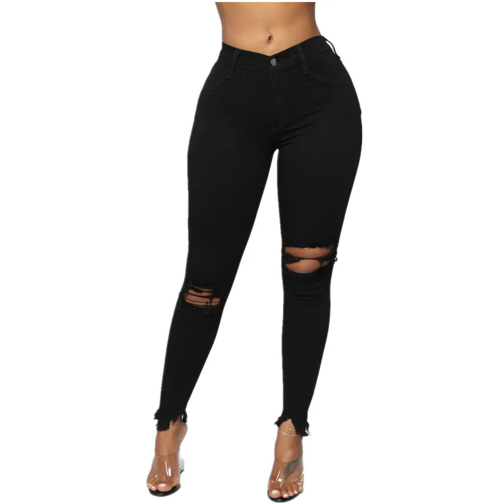 Black and White Ripped Jeans For women Slim denim Casual Skinny pencil pants Fashion Womens clothing S3XL Drop 241007