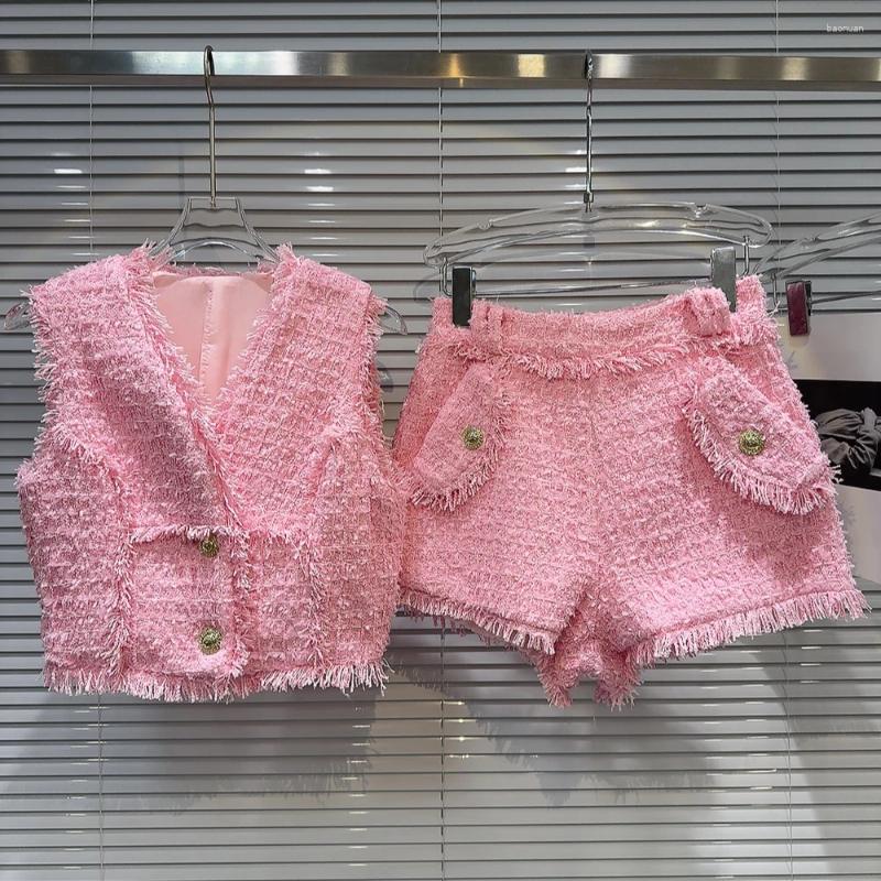 Women's Tracksuits PREPOMP 2024 Summer Collection Sleeveless Metal Buttons V Neck Tweed Vest Tank Top Shorts Two Piece Set Outfits Gr679