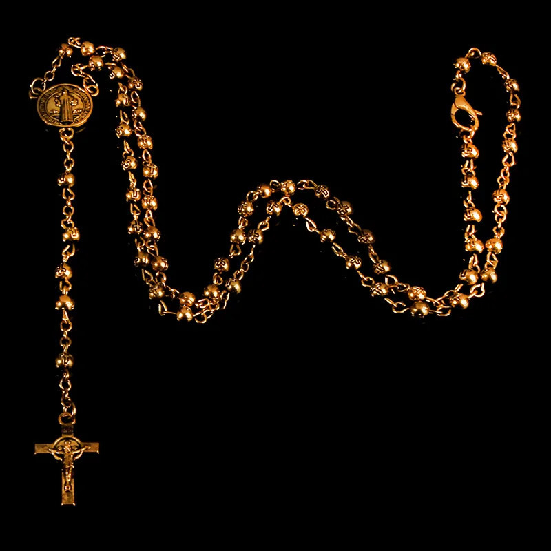 Stainless steel rosary beads 4mm bead necklace small ladies jewelry Jesus cross 241014