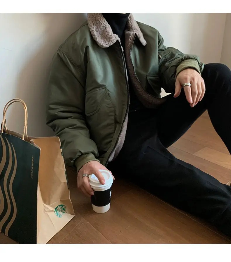 Winter thickened lapel cotton coat for men Korean style trendy Hong Kong style velvet cotton coat pilot jacket loose cotton 241011