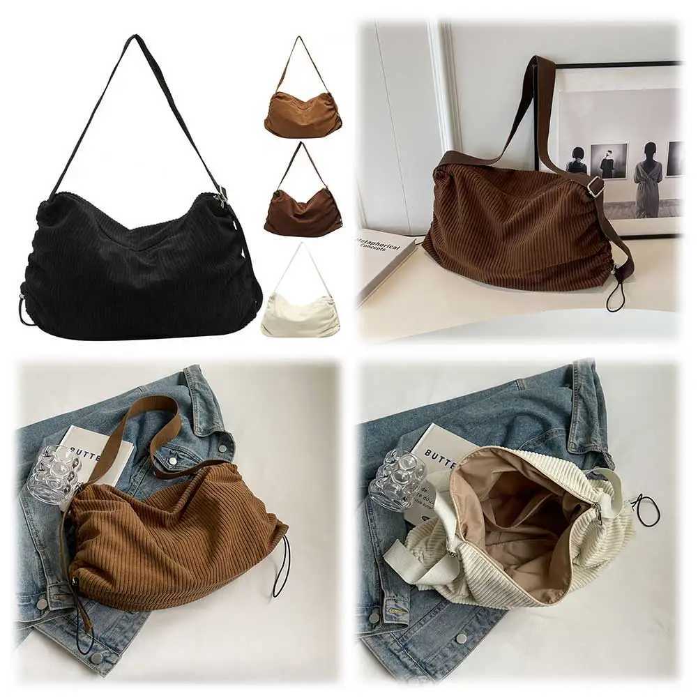 Drawstring Crescent Bag Corduroy Shoulder Adjustable Strap Men Ladies Tote with Zipper Hobo for Work Travel 241014