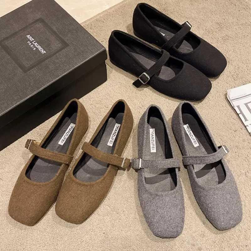 Womens Felt Mary Janes Shoes Square Toe Ballet Flats for Female New Fashion Buckle Strap Ladies Shoes Spring Autumn 1772CLX241014