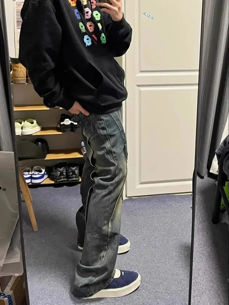 Spring high street mens and womens straight leg washed jeans hip-hop trend straight leg micro flash casual pants Y2K 241007