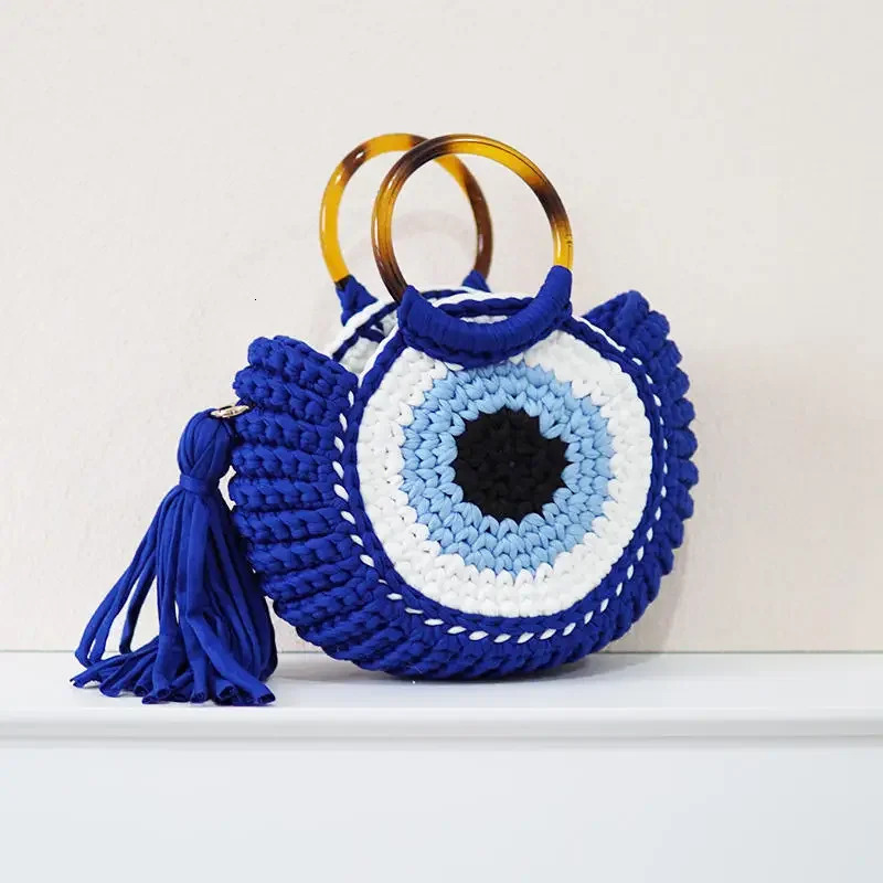 Rope crochet handbag tassel eye circular handle clutch womens handmade knitted yarn beach bag shoulder 241014