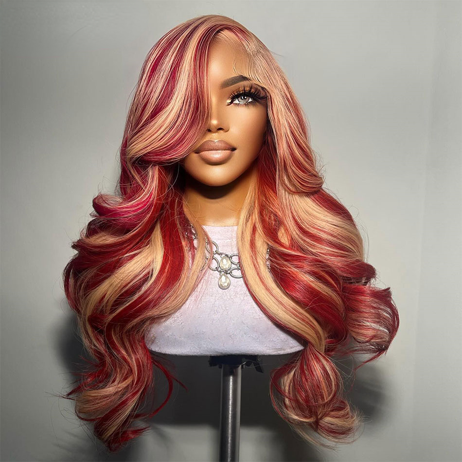 Free shipping Ready Go 13X4 Blonde Highlight Colored Body Wave Human Hair Wigs Red Pre Plucked ella Festival Brazilian Transparent Lace Frontal Wig Pr