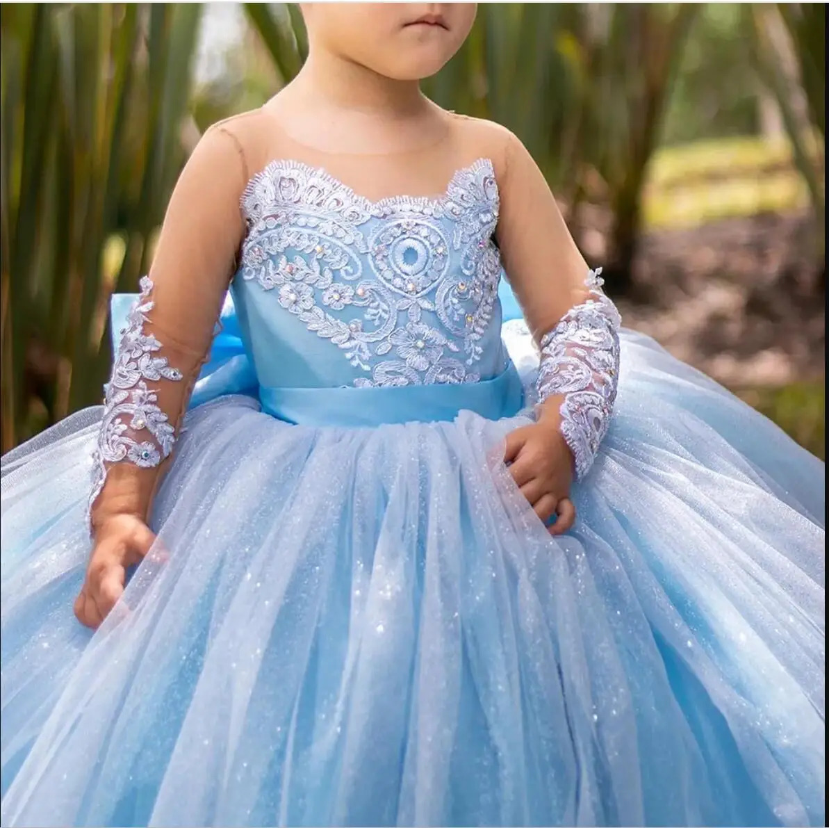 Long Sleeves Flower Girl Dresses For Weddings Toddlers Satin Bow Ball Gown Pageant Dress Sparkly 1st Communion Party Gowns 241014