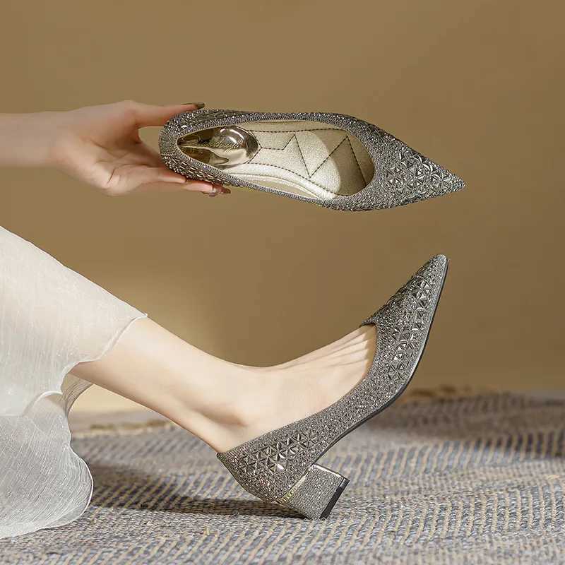 5cm Chunky High Heels Shoes Ladies Glitter Studded Pumps Women Crystal Pointed Toe Tacones Mujer Office Dress Escarpins FemmeLX241014