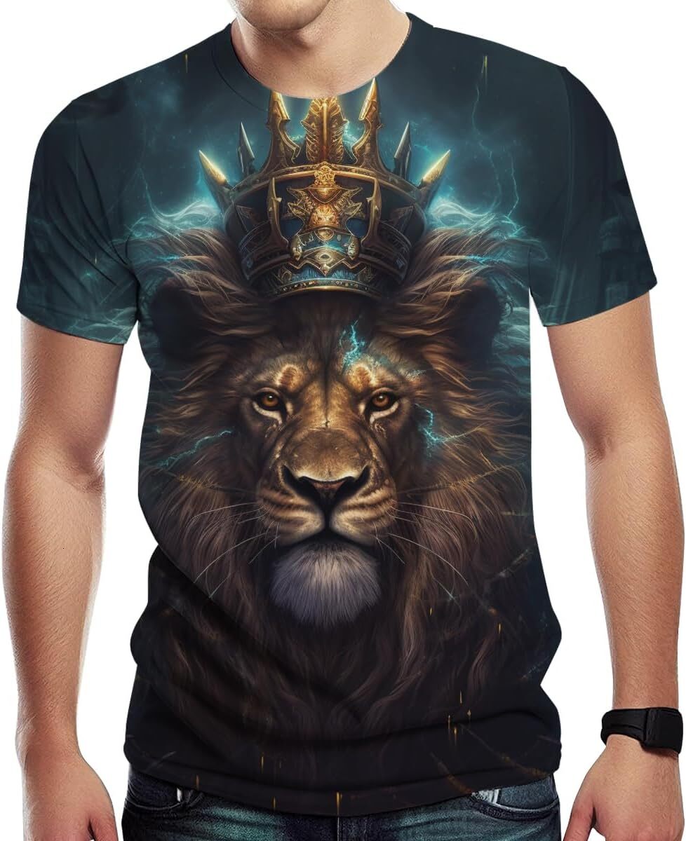 Mens T shirt Lion Head Golden Crown Art Lightning Lion King Short Sleeve graphic tee Casual tops summer clothes Short sleeve Trendy Fashion cool