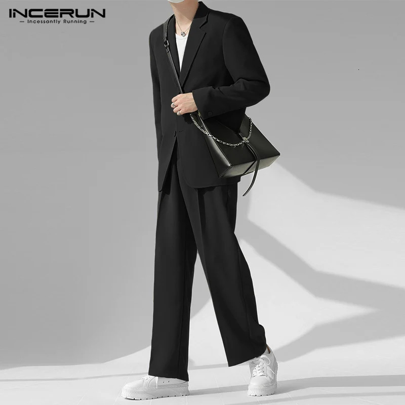 INCERUN Men Sets Solid Color Streetwear Laple Long Sleeve Button Blazer Pants 2PCS 2024 Korean Fashion Casual Suits S5XL 241008