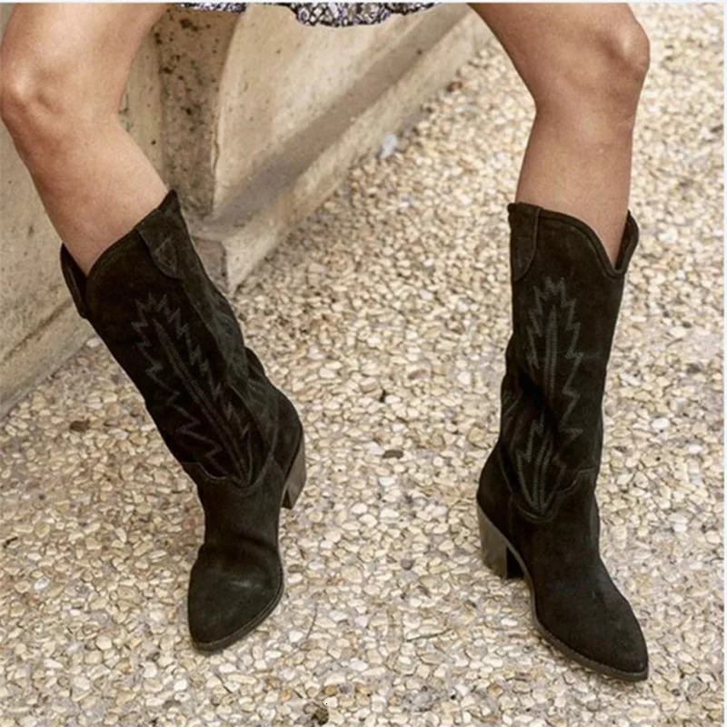Nude Suede Embroidered Mid-Calf Shoes Thick Heel Pointed Toe Cowboy Boots for Women Knight Botas Femininas 241031