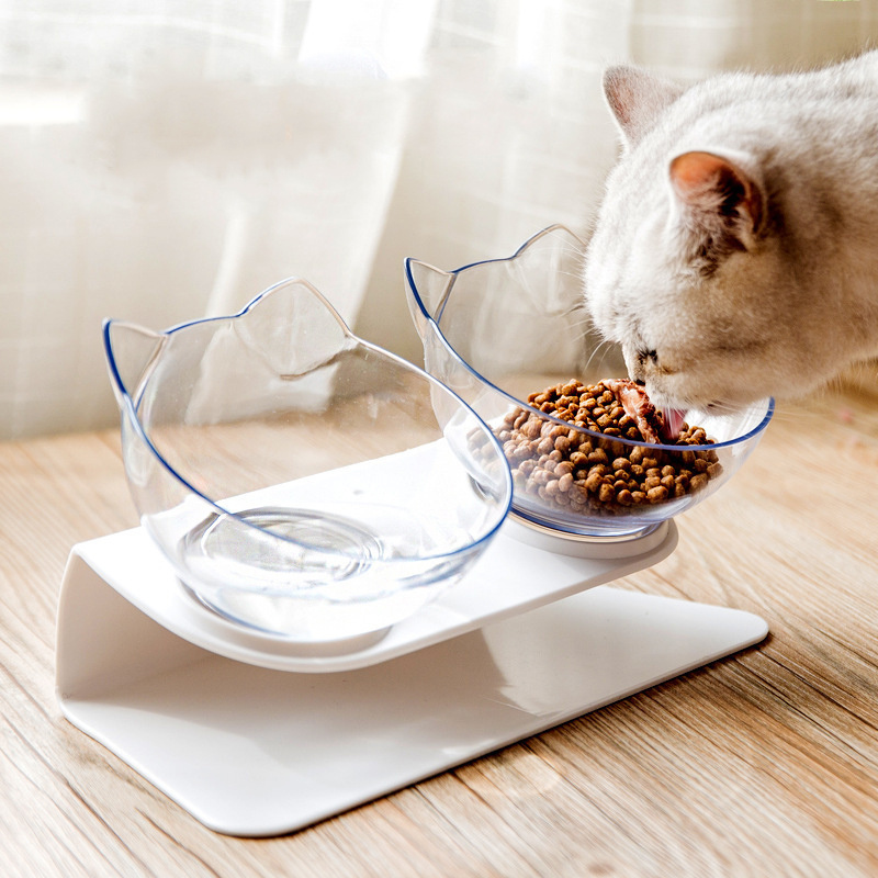 Cat Bowl Elevated, 15° Tiltle Neck Guard Cat Feeder Bowl with Stand, Raised Cat Dishes for Food and Water, Bowls for Cat