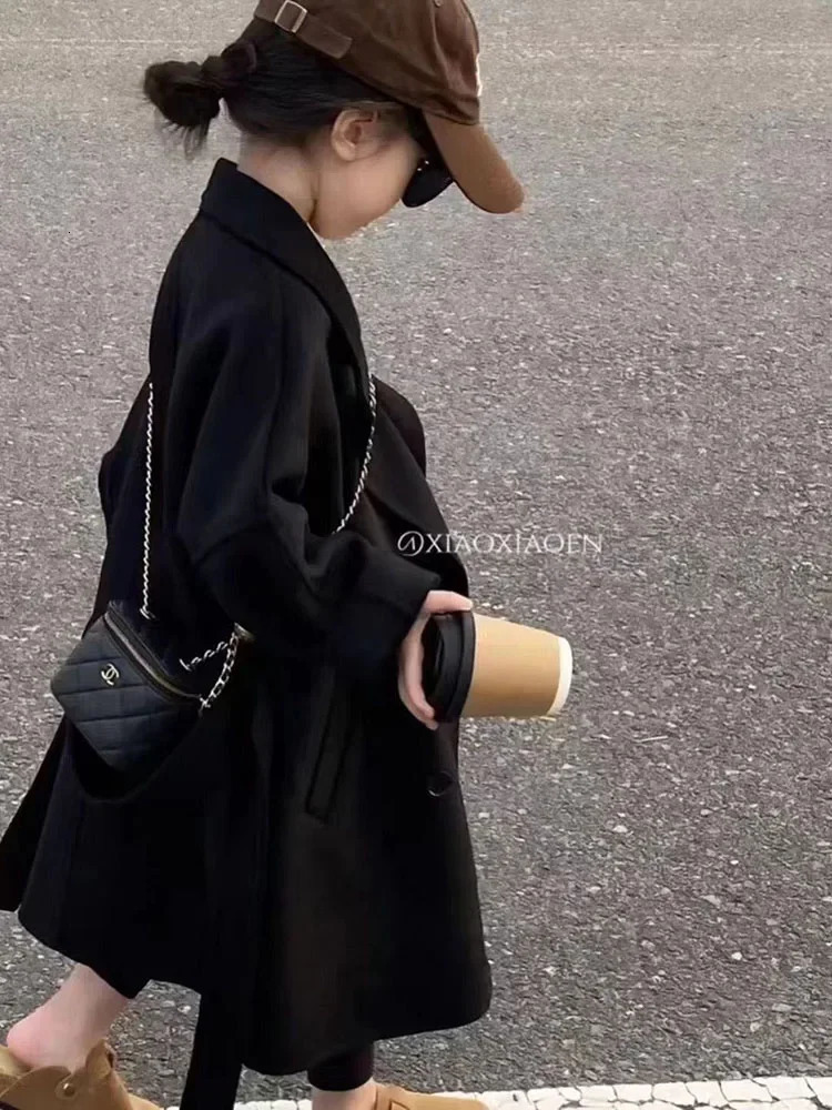 Wool Girls Korean Childrens Clothing Autumn Overcoat Versatile Spring Black Middle Length Woolen Cloth Overcoat 241014