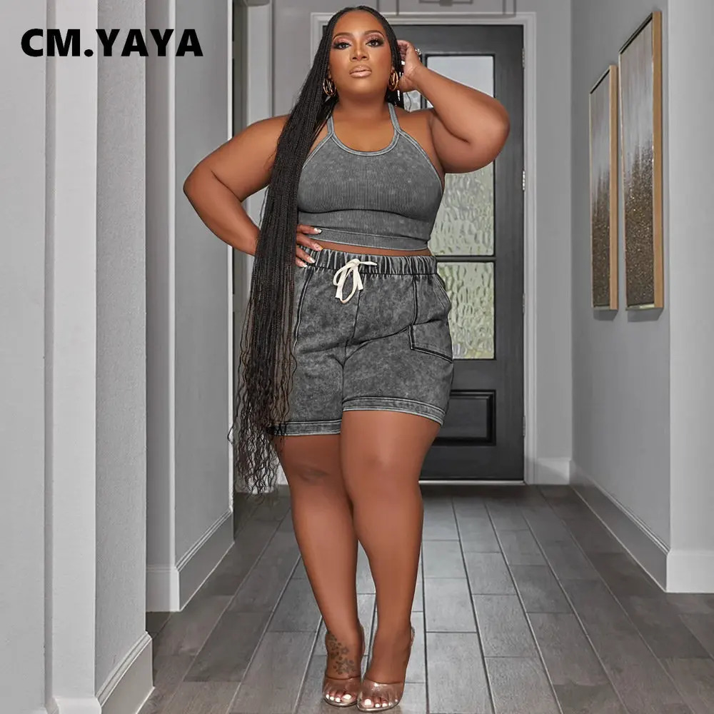 CM. YAYA Plus Size Womens Set Knitted Ribbed Tank Top and Pocket Side Shorts Set Summer INS Two Piece Set 240930
