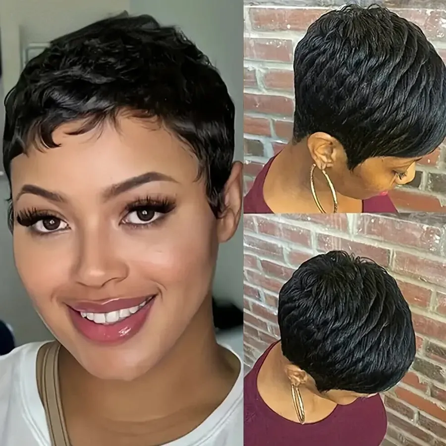 Human hair non-lace glueless wig full machine wig Synthetic Wigs Cosplay Wigs Short Pixie Cut Wigs for Black Women with short African curly hair