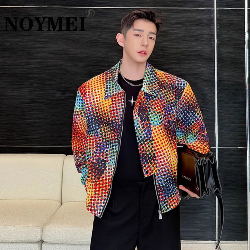 NOYMEI Contrast Color Fashion Personality Mens Jacket Lapel Zipper Loose Casual Style 2024 Autumn Coat WA5657 241011