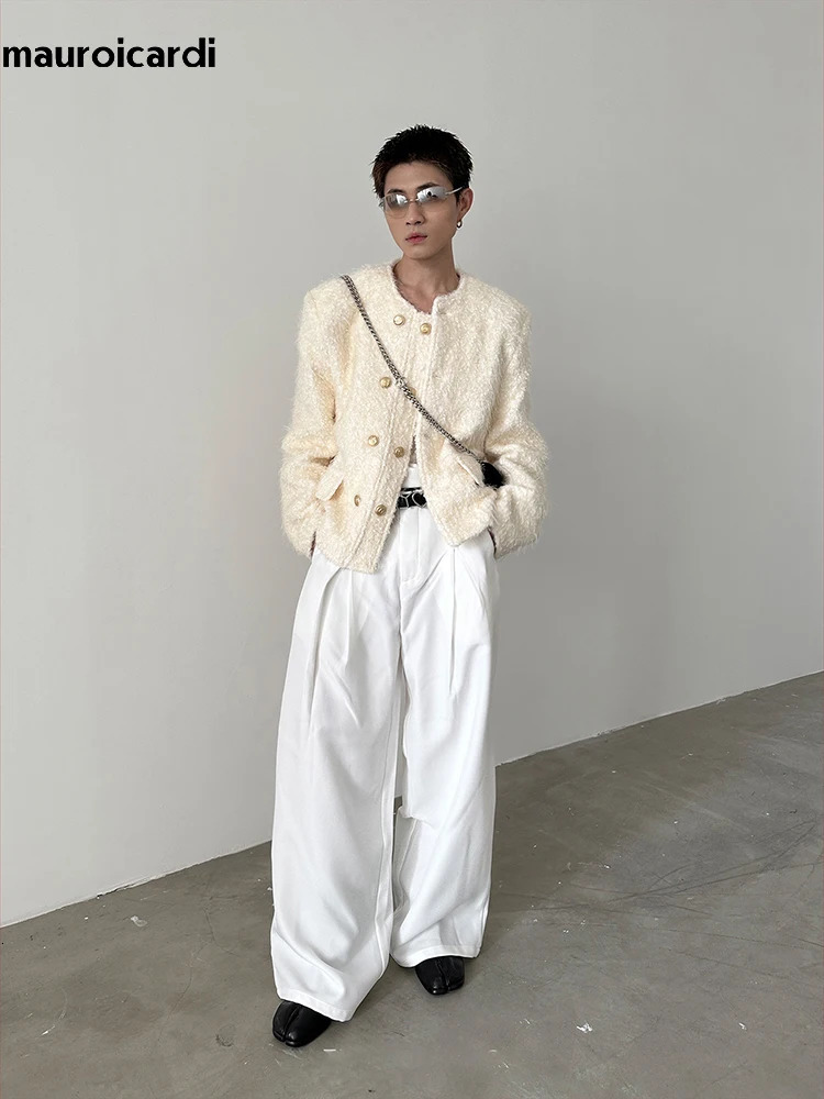 Mauroicardi Spring Autumn Elegant Chic Stylish Soft Woolen Jacket Men Shoulder Pads Double Breasted Clothes 2024 241011