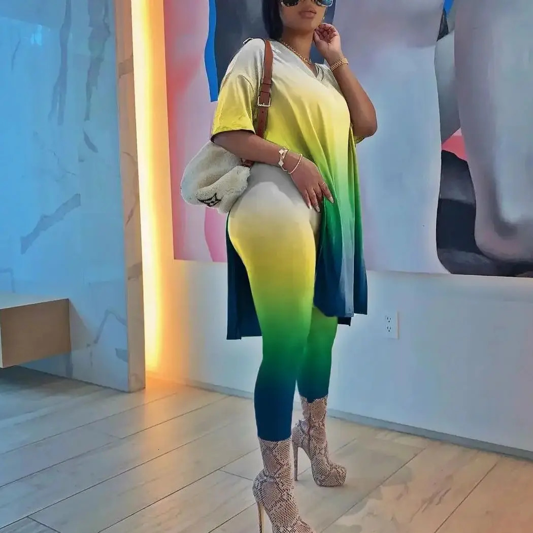 Plus size tie dye print set womens long shirt two-piece pants set casual sweater summer womens clothing 240930