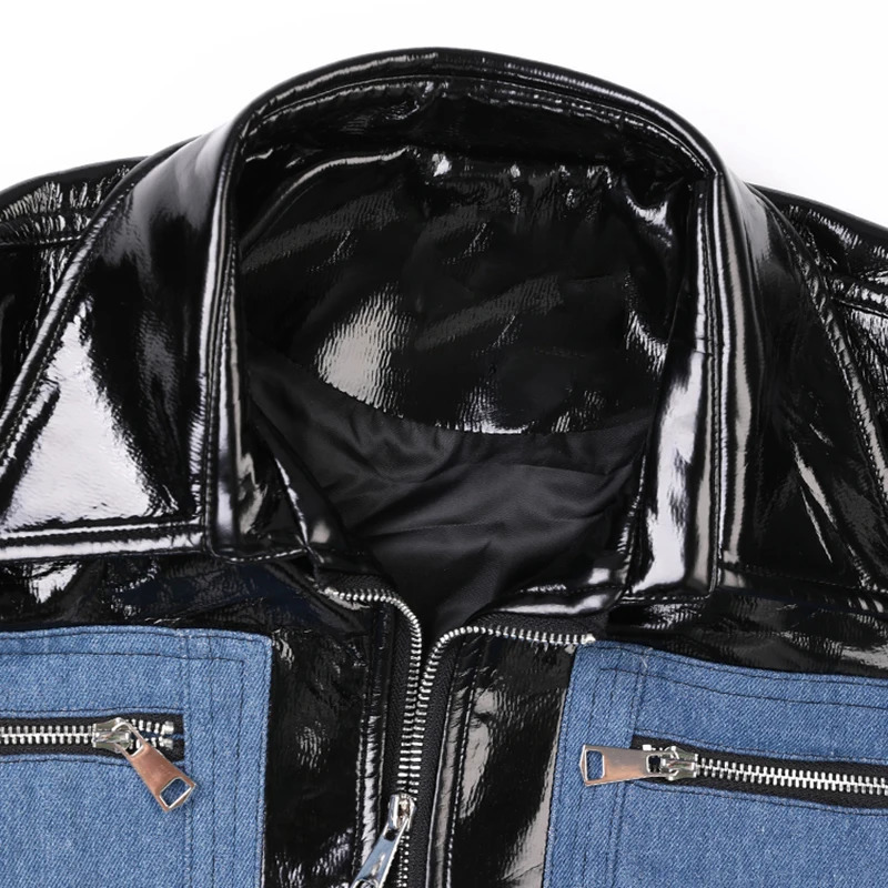 IEFB Denim Patchwork Leather Jackets Trend Mens Fashion Silhouette Short Windbreake Korean Style Casual Pu Coat CPG0512 241011