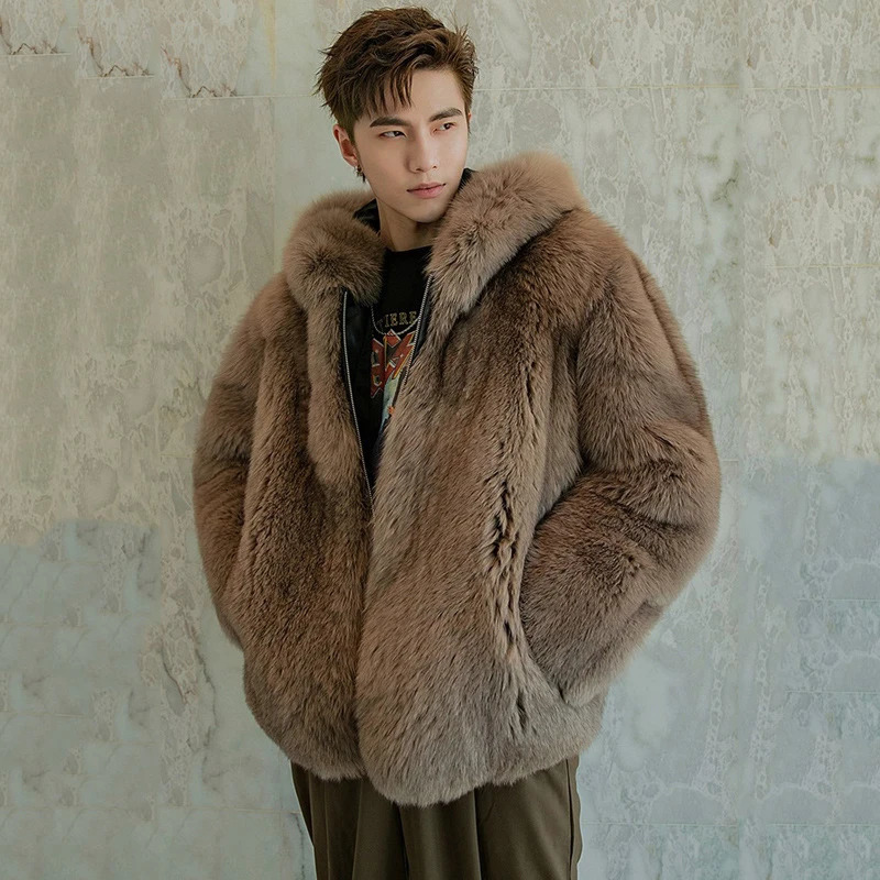 PFNW Autumn Winter Fashion Hooded Short Fur Coats For Men Fox Fur Warm Soft Fuax Fur Loose Fit Jacket 12C1159 241011