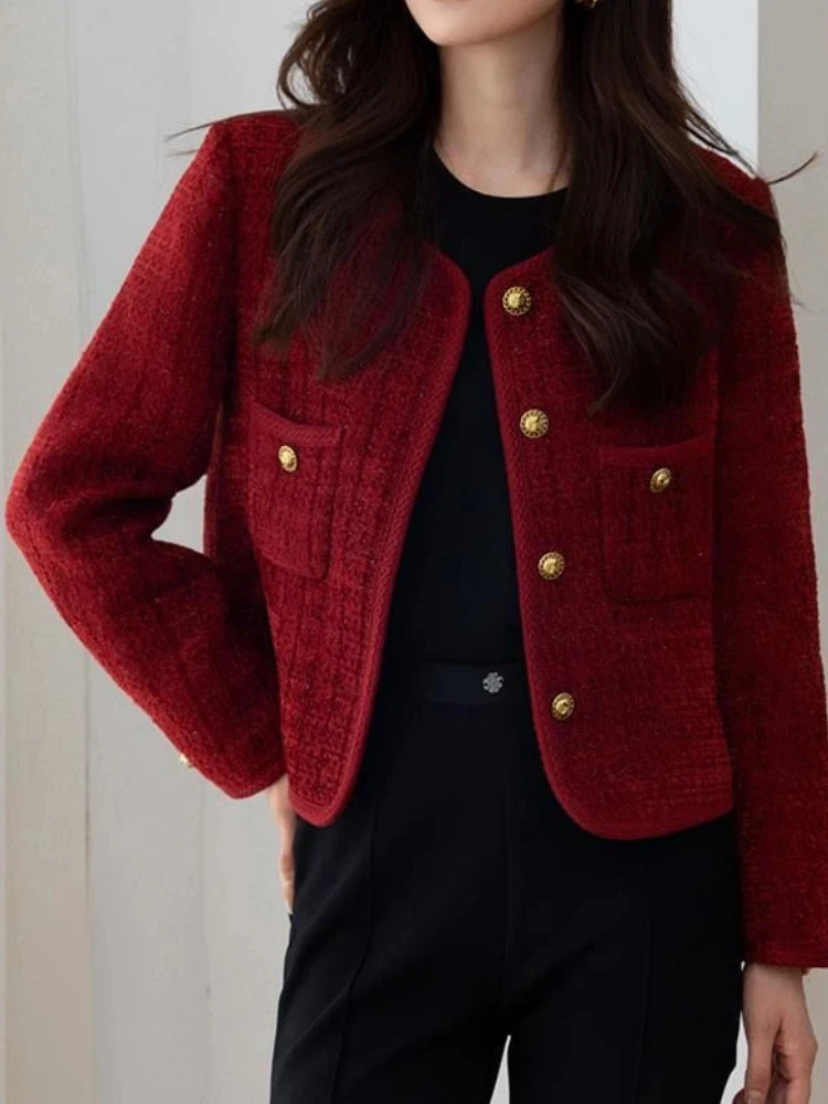 Wine Red Womens Jacket Autumn/Winter Metal Buckle Short Womens Jacket Korean Fashion Ultra Thin Elegant Coarse Linen Jacket 240930