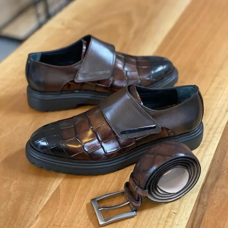 Brown Leather Loafers: Buckle Strap Round Toe Formal hot Wedding Shoes for Men
