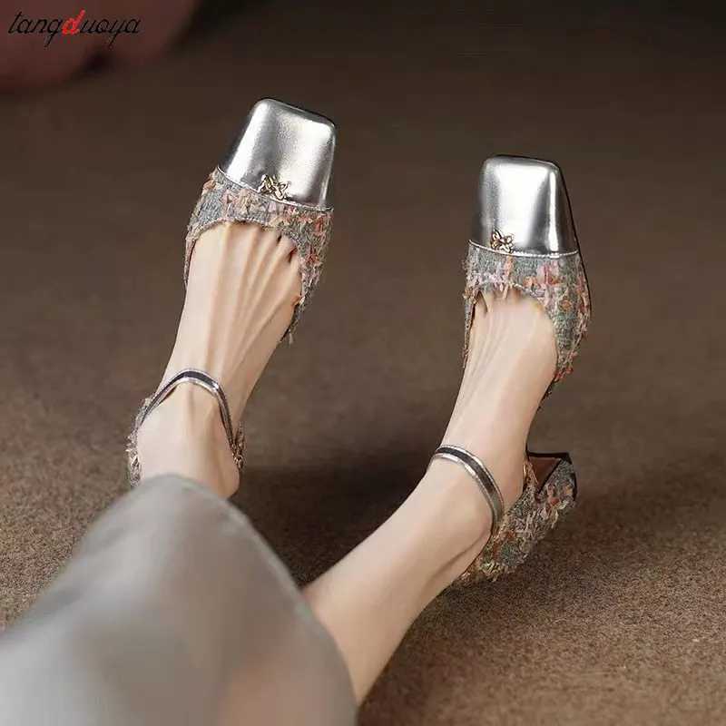 Gold Luxurious design Mary Jane shoes women New French square toe high heels Classic Ankle Buckle Dress Party Shoes Women SandalLX241014