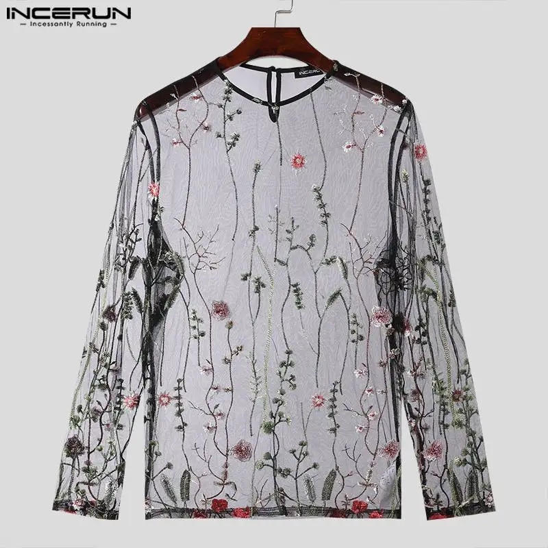 INCERUN Tops 2024 American Style Fashion Men Perspective Mesh Print Pattern T-shirt Sexy Thin O-neck Long Sleeved Camiseta S-5XL 241011