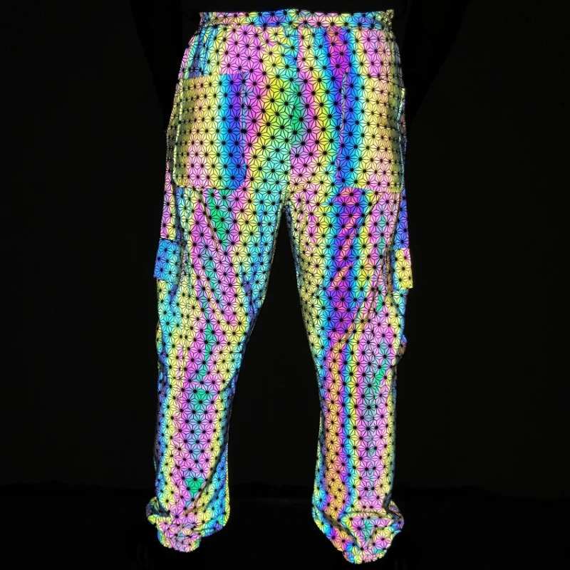 Color holographic reflective mens Trouser hip-hop knitted breathable waist cargo pants casual jogging sports pants 241007