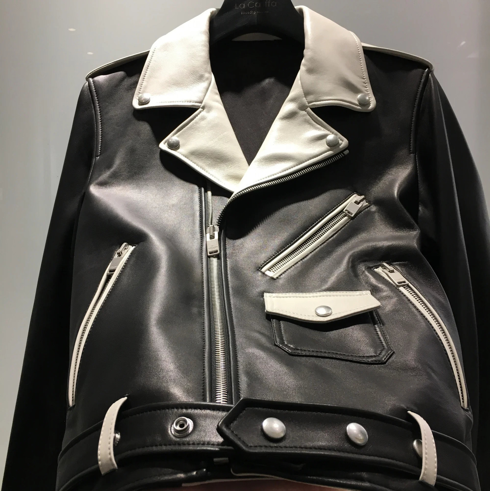 Motorcycle Black and White Leather Jacket Korean Edition Lover Fashion 241011