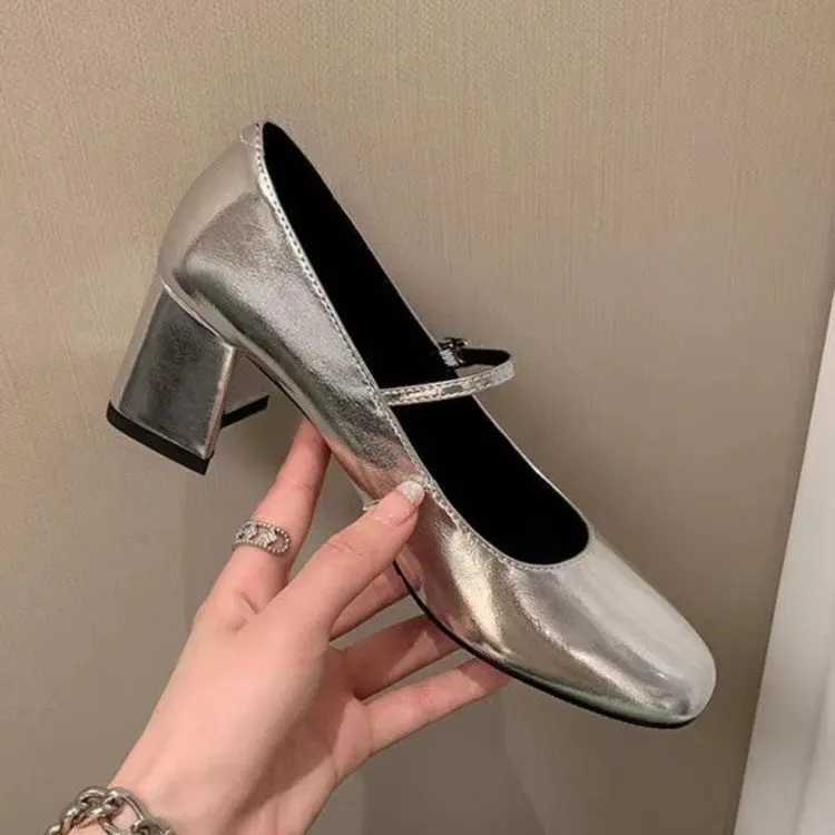High Heels Women Chunky Silver Single Shoes 2024 New Spring Line Button Mary Jane Womens ShoesLX241014