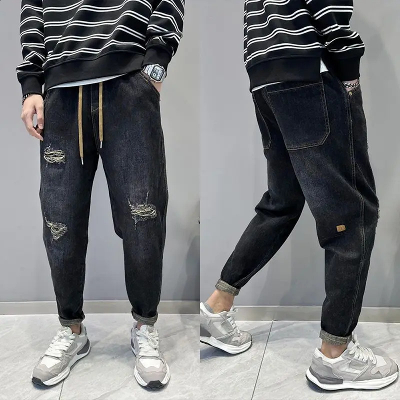 Mens Casual Denim Vintage Washed Loosefit Tapered Carrot Pants Autumn Streetwear Embroidered Jeans Baggy Jogger Harem 24