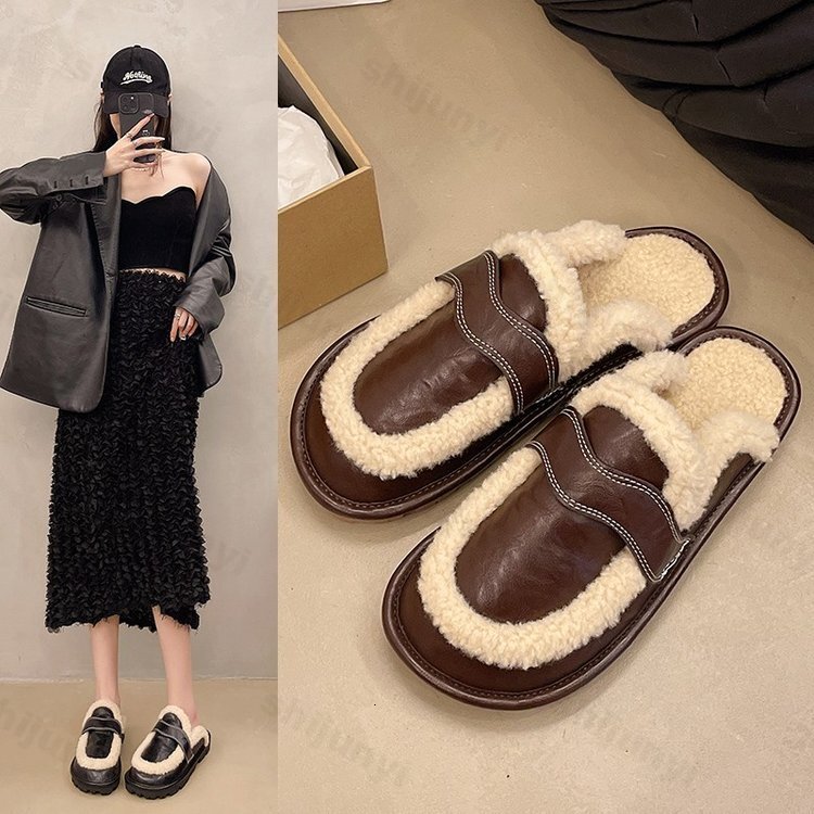 Flats Platform Cotton Slippers Women Fur Mules 2024 Winter New Plush Warm Slides Trend Soft Leather Cozy Casual Shoes