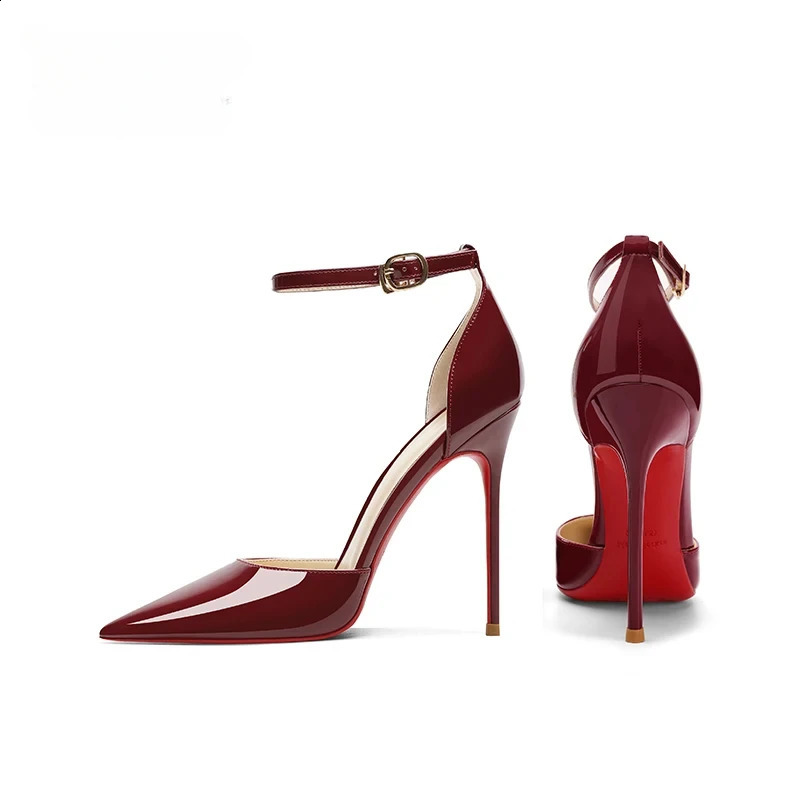 Wine Red High Heels Womens Thin Heels One Line Buckle Baotou Sandals Sexy and Temperament Pointed Hollow Single Shoes 241010