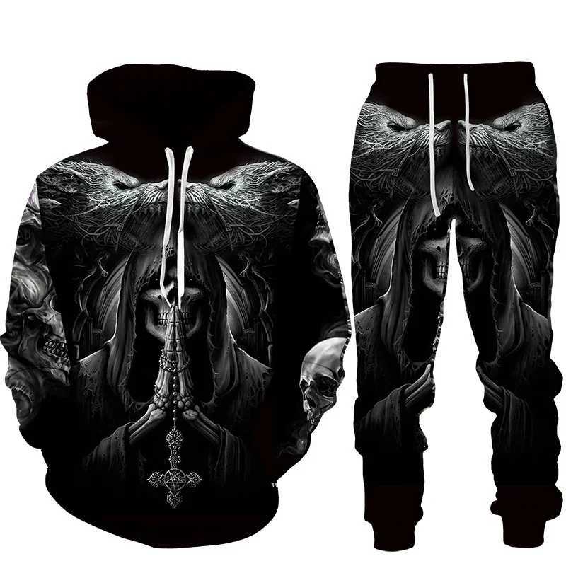 Skull 3D Print Men Punk Hoodie Suit Tracksuit/Pants Goth Skeletons Pullover Casual Streetwear Oversize Autumn Winter Hot-sellingXJ241015