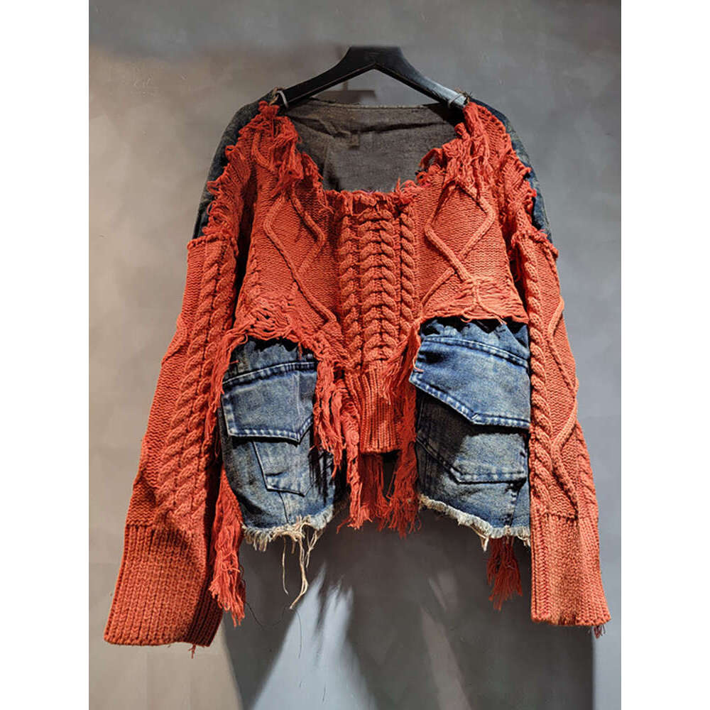 DEAT Women's Pullover Long Sleeve Irregular Do Old Patchwork Pockets Vintage Washed Denim Sweater2024 Autumn New Fashion 29L8195