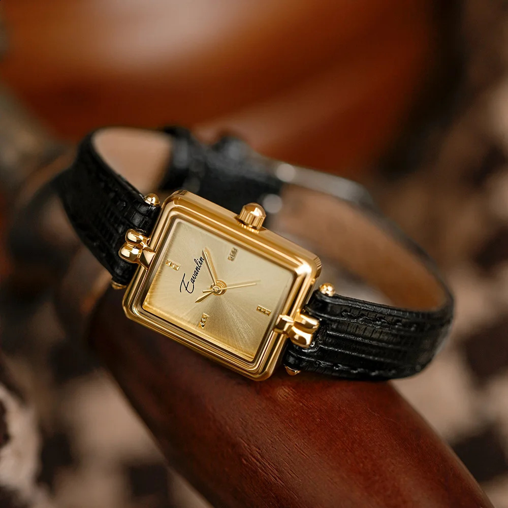 Retro niche design square rectangular gold dial quartz womens watch casual brown leather waterproof fashion watch Relogio241015