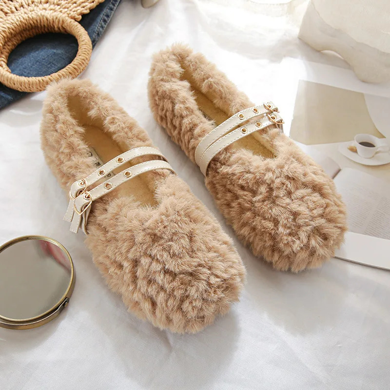 winter womens plush warm Korean style pump loafers party and work wear Ladies casual flats mary jane boat shoes 241015