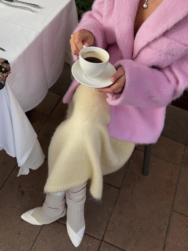 Womens elegant pink lapel pocket wool jacket fashionable single breasted loose long sleeved jacket womens sweetheart jacket 241007