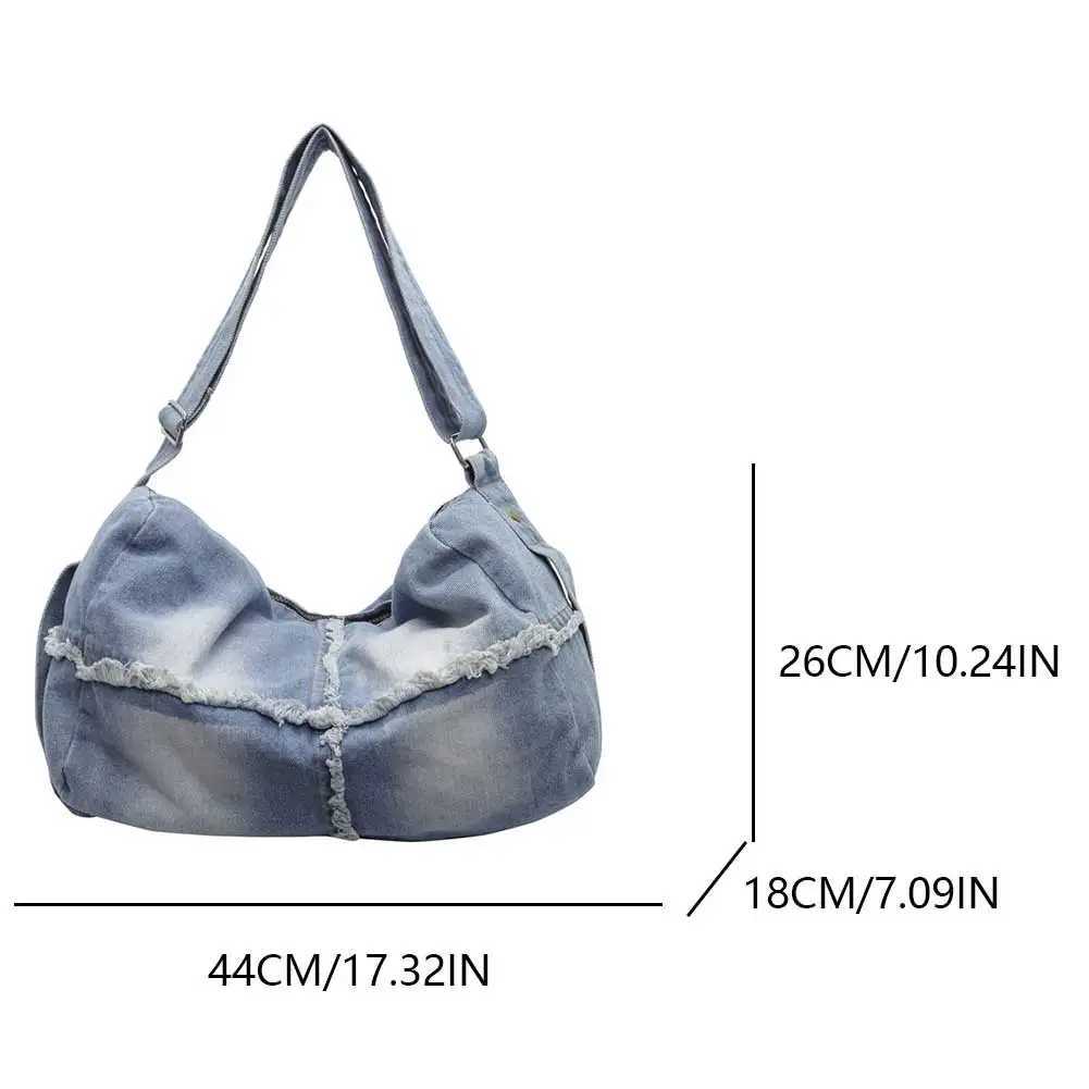 Ladies Men Denim Shoulder Bag Zipper Closure Tote Adjustable Strap Crossbody Trendy Retro Handbag Work Shopping 241015
