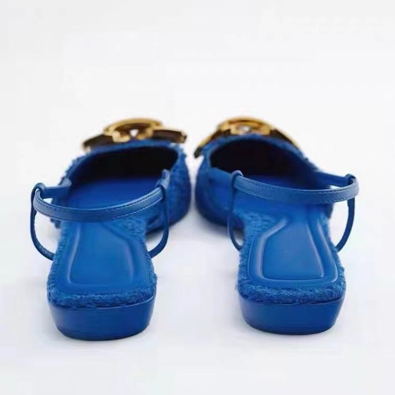2023 Newest Summer Women Flats Metal Chain Platform Sandals Stripper Low Heels Blue Luxury Designer Mules Sandles Replica Shoes
