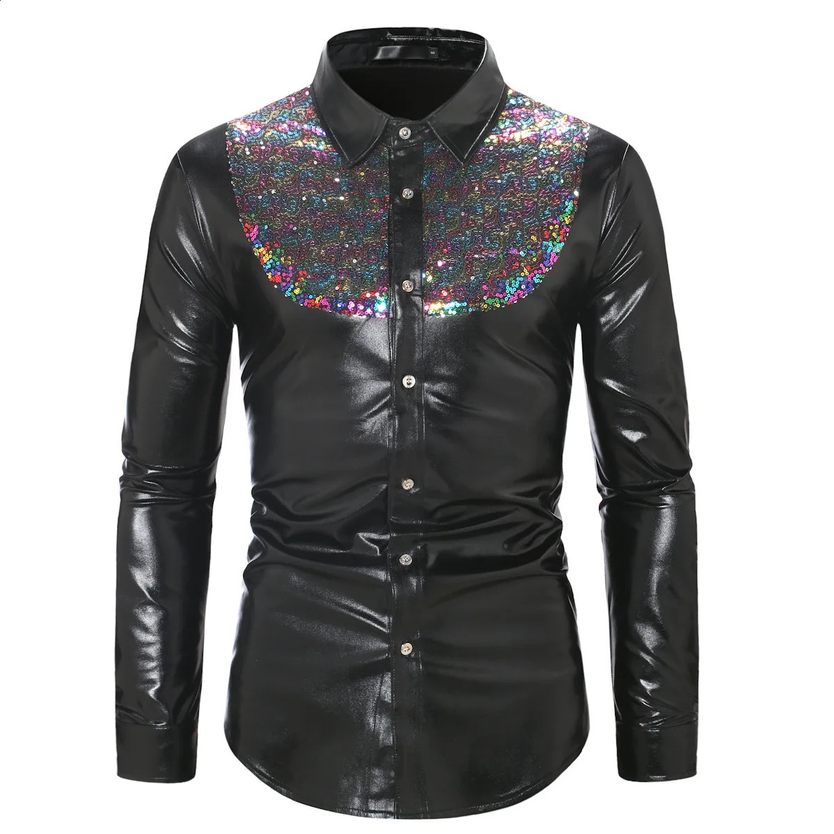 2024 Shining Gold Glitter Shirt Mens Slim fit Long sleeved Mens Dress 70s Nightclub Party Stage Singer Costume Mens Style 241015