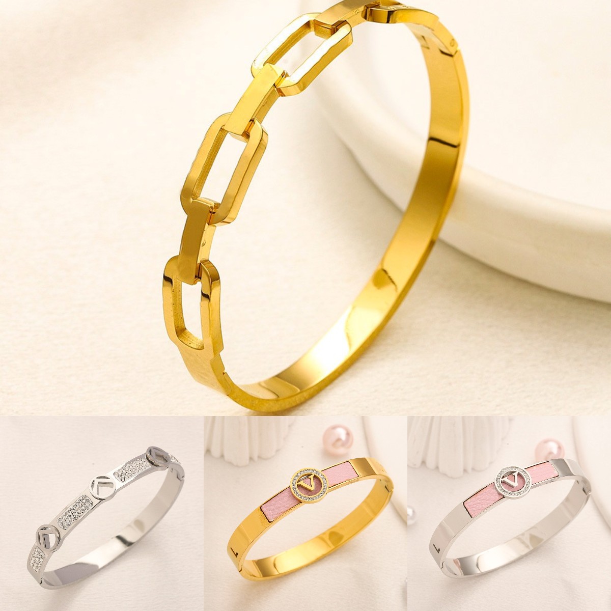925 Silver Plated Stainless Steel Bracelet New Hollow Out Charm Women Bangles Pink Cartoon Fashion Bracelet High Quality Christmas Gift Jewelry