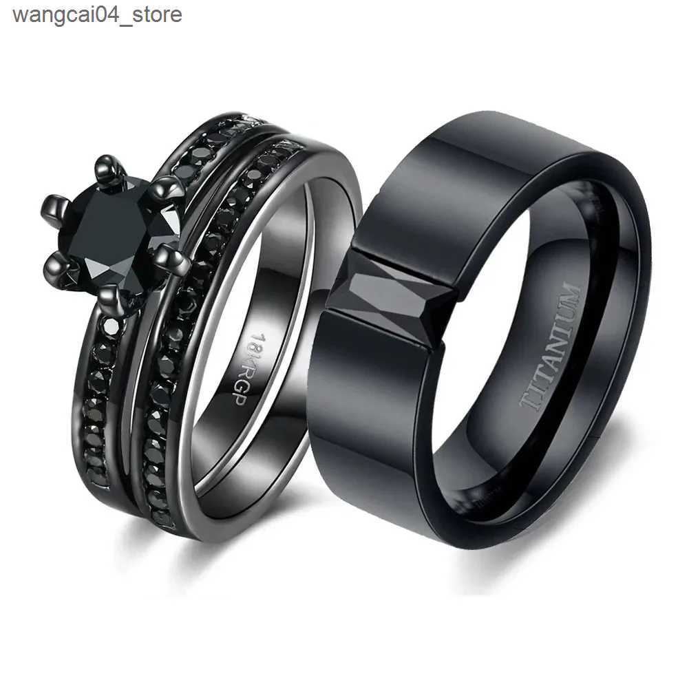 Couple Rings Fashion couple ring womens black Rhinestone zirconia ring set mens stainless steel zirconia ring wedding ring jewelry gift L240910