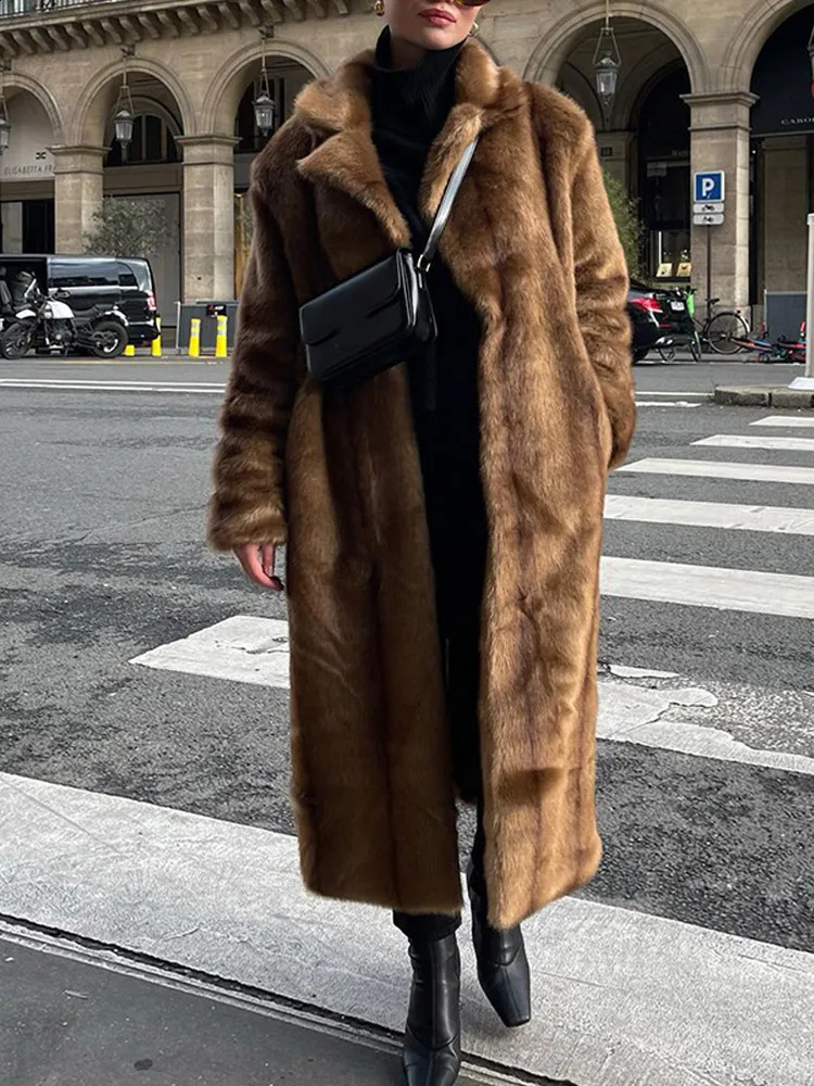 Brown thick faux fur coat womens fashionable oversized long sleeved lapel coat winter elegant street coat 241015