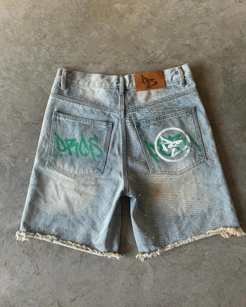 European and American Street Y2k Harajuku Shorts Gothic Punk Fashion Letters Colorful Printed Jeans Loose Casual Denim Shorts 241014