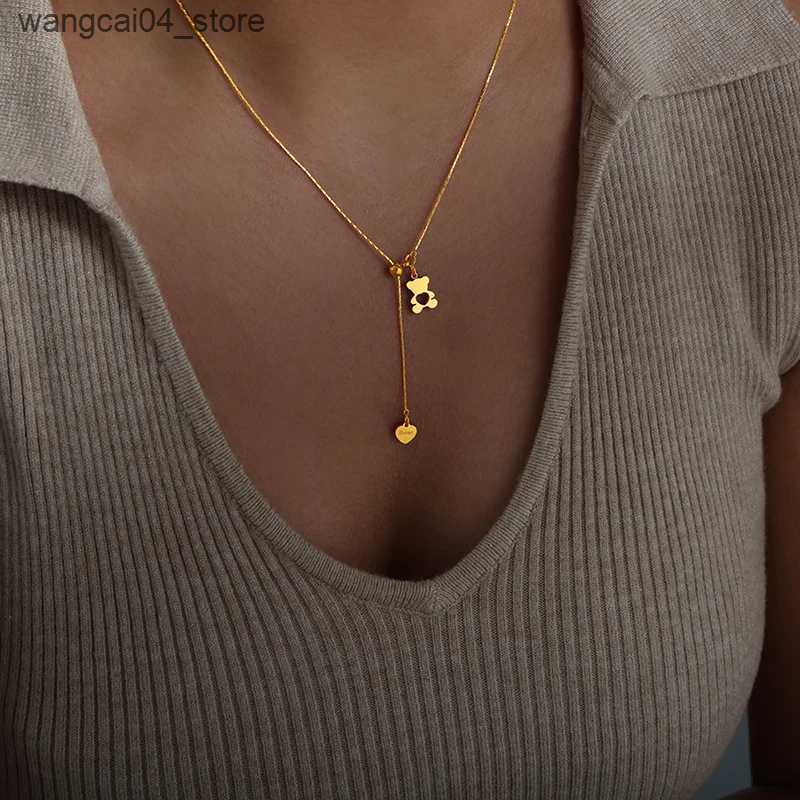 Pendant Necklaces New Bear Pendant Heart Necklace For Women Stainless Steel Gold Plated Chain Fashion Neck Jewelry Accessories Party Gift Sale L240910 - view 5