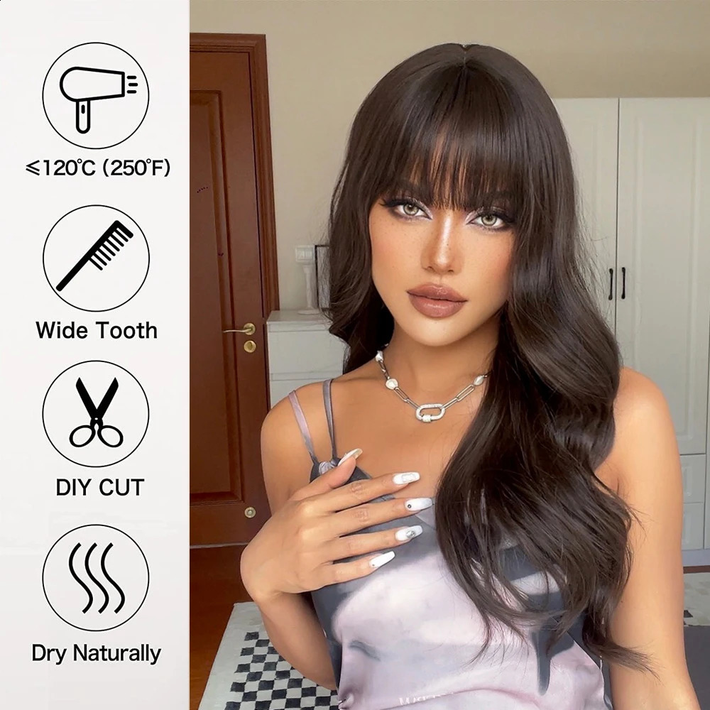 Deep brown long wavy synthetic wig with bangs natural wavy hair cosplay party daily use of heat-resistant fiber wig for women 241015