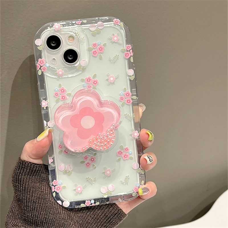 Cute Quicksand pink flower stand phone case suitable for iPhone 16 15 14 13 12 11 Pro Max XR X XS 7 8 Plus flower stand transparent soft cover CL24101