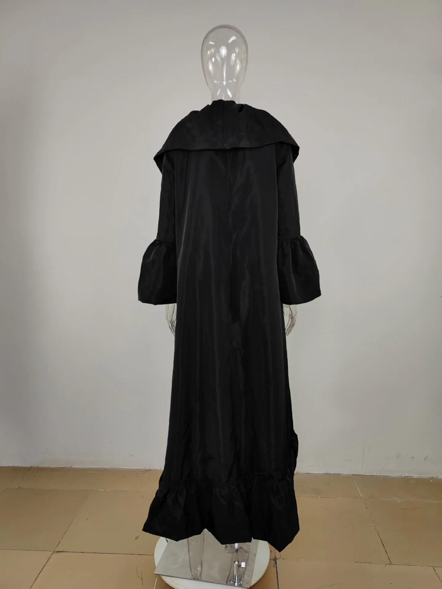 CM.YAYA Womens Retro Ruffle Shoulder Flame Bat Wing Long Sleeve Open Sewing Street Clothing Black Maxi Trench Jacket 241015