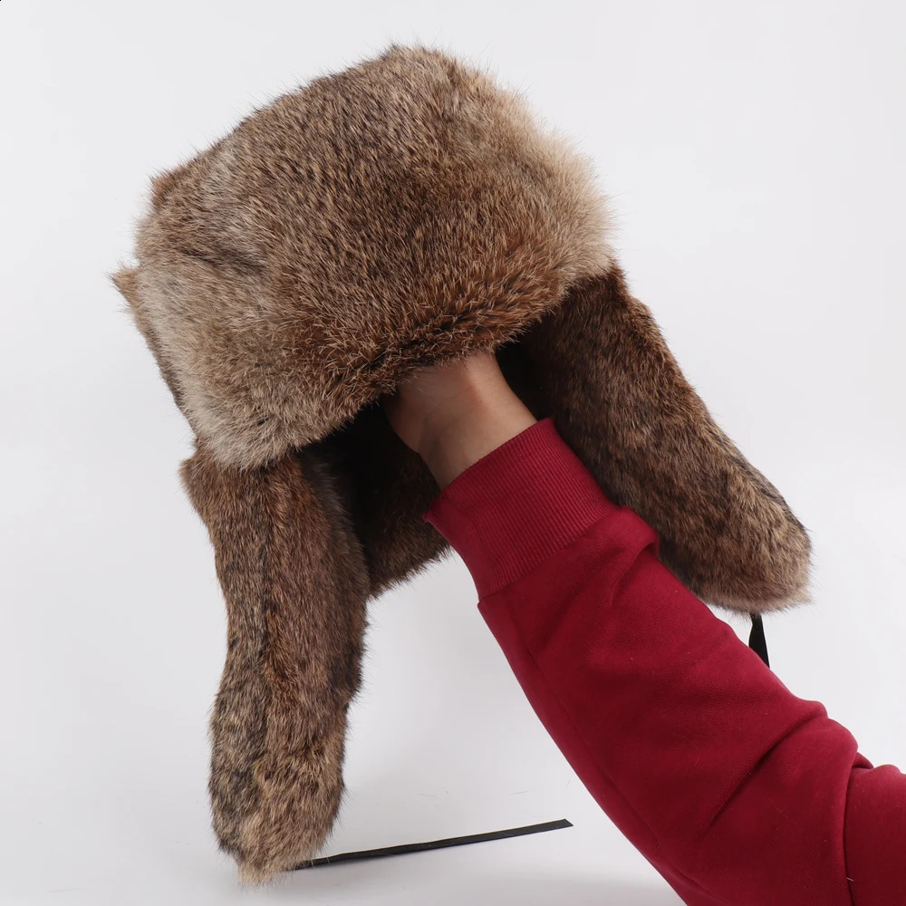 Arrival Russian Rabbit Fur Trapper Hats For Men Thick Male Winter Real Rabbit Fur Hat Full Pelt Outdoor Bomber Real Fur Cap 241014